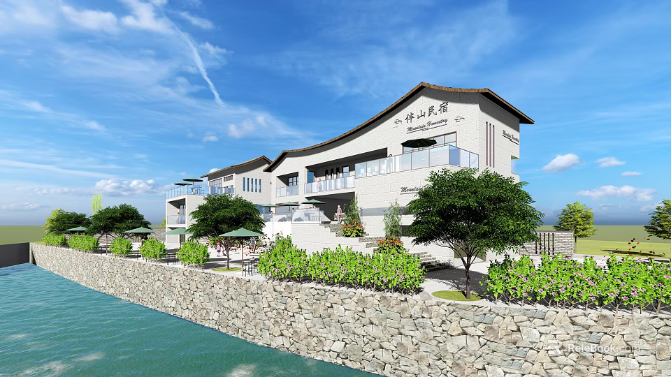 Modern Waterfront Guesthouse Building With Stone Wall Green Plants Trees Balconies And Scenic View 3d model 