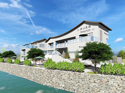 Modern Waterfront Guesthouse Building With Stone Wall Green Plants Trees Balconies And Scenic View 3d model