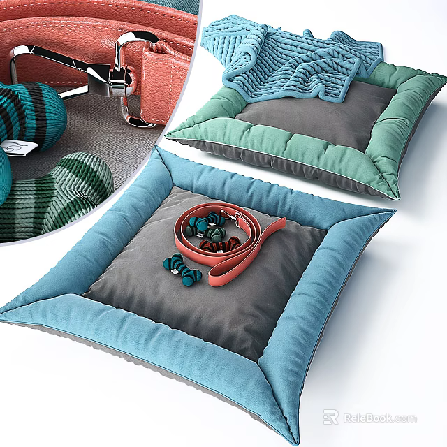 Decorative Blue Border Grey Inner Cushions With Red Straps And Blue Beads 3d model 