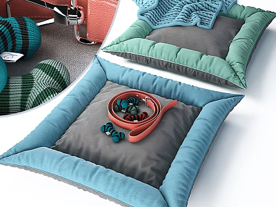 Decorative Blue Border Grey Inner Cushions With Red Straps And Blue Beads 3d model