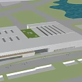 Modern Building Exterior With Striped Roof Design And Central Green Courtyard