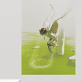 Abstract Painting Featuring Angelic Figure On Green Grass With Stone Pillar And Circular Halo