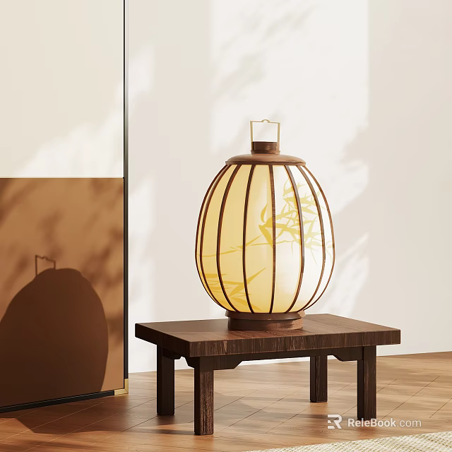 Japanese Style Table Lamp With Paper Shade Wooden Frame Bamboo Leaf Pattern In Light Room And Wooden Floor 3d model 