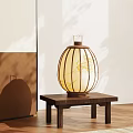 Japanese Style Table Lamp With Paper Shade Wooden Frame Bamboo Leaf Pattern In Light Room And Wooden Floor