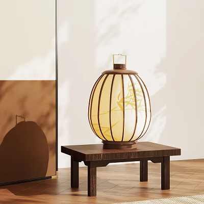 Japanese Style Table Lamp With Paper Shade Wooden Frame Bamboo Leaf Pattern In Light Room And Wooden Floor 3d model