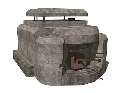 Concrete Bunker Structure With Raised Roof And Exposed Cannon In Fortified Design 3d model