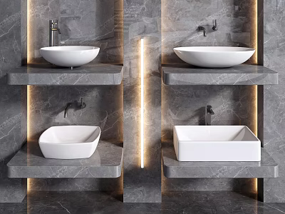 Modern Washbasin Design With White Basins Gray Marble Countertops Tiered Shelves And Built In Lighting 3d model