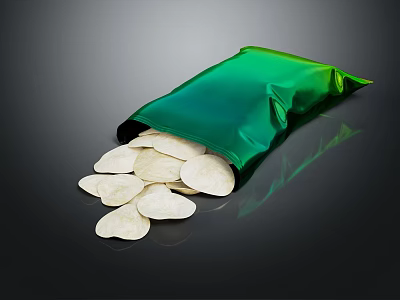 Fresh Crispy Potato Chips Spilling From Green Bag On Black Surface 3d model
