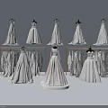 Elegant White Wedding Dresses With Lace Details Displayed On Hangers And Mannequins