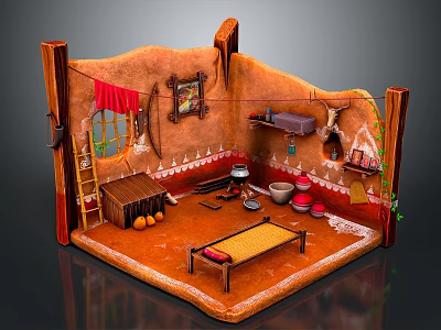 Traditional Rustic Interior With Mud Walls Wooden Bed Clay Pots Hanging Tapestry And Ladder 3d model
