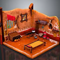 Traditional Rustic Interior With Mud Walls Wooden Bed Clay Pots Hanging Tapestry And Ladder