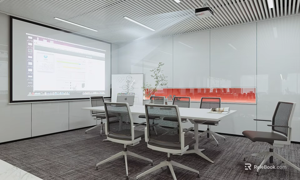 Modern Conference Room Interior With Projector Screen White Walls Conference Table And Chairs 3d model 
