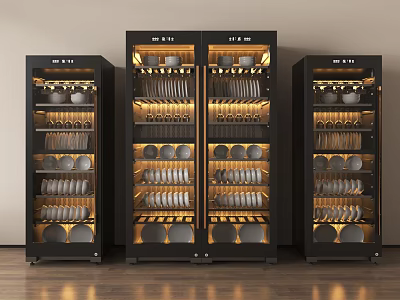 Commercial Kitchen Black Cabinets With Illuminated Shelves Storing Dishes In Public Facilities 3d model