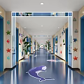 Bright Elevator Hallway With Blue Doors Starfish Decorations Whale Patterns And Green Plants 3d model