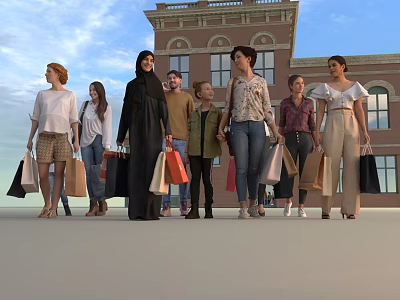 Diverse Group of People Holding Shopping Bags Standing in Front of Building 3d model