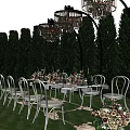 Elegant Dining Table Set With White Chairs Floral Decor Crystal Chandeliers And Green Tree Backdrop