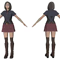 3D Woman Character With Purple Top Pleated Skirt Brown Boots And Front Back View