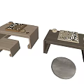 Wooden Entertainment Table With Board Game Pieces And Cushion For Leisure Activities