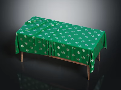 Green Tablecloth With White Clover Pattern Covering Wooden Table On Black Background 3d model