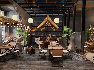 Modern Open Café Interior with Pendant Lights Green Plants and Wooden Tables and Chairs 3d model
