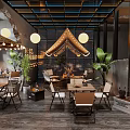 Modern Open Café Interior with Pendant Lights Green Plants and Wooden Tables and Chairs
