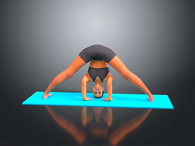 Child Practicing Yoga Handstand Pose In Inverted V Shape On Blue Exercise Mat 3d model