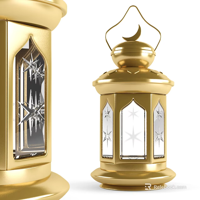 Golden Traditional Table Lamp With Crescent Moon Top And Star Pattern Glass Panels 3d model 
