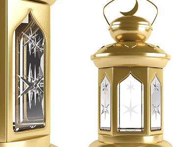 Golden Traditional Table Lamp With Crescent Moon Top And Star Pattern Glass Panels 3d model