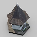 Traditional Wooden Pavilion Model With Pyramidal Roof Hexagonal Base And Stone Steps