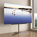 Curved Television With Metal Stand Showing Scenic Water View And City Background