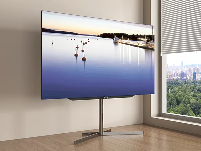 Curved Television With Metal Stand Showing Scenic Water View And City Background 3d model
