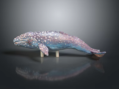Handcrafted Blue Purple Whale Model with White Spots on Wooden Stand Shiny Surface Black Background 3d model