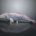 Handcrafted Blue Purple Whale Model with White Spots on Wooden Stand Shiny Surface Black Background