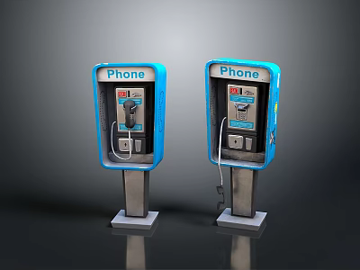 Blue Public Phone Booths With Retro Design And Metal Base For Communication 3d model