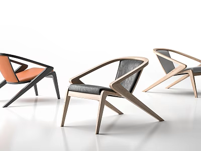Three Modern Design Accent Chairs With Wooden Frame And Orange Black Cushions 3d model
