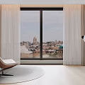 Sheer Linen Curtains In Modern Living Room With Large Window And City View
