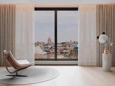 Sheer Linen Curtains In Modern Living Room With Large Window And City View 3d model