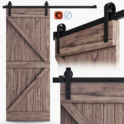 Rustic Wooden Swing Door With Black Metal Hardware And Distressed Finish 3d model