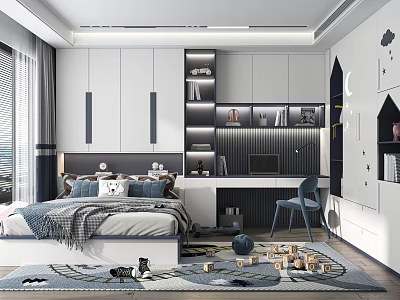 Modern Kids Room Interior With Bed Desk Chair Bookshelf Toys And Rug 3d model