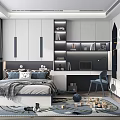 Modern Kids Room Interior With Bed Desk Chair Bookshelf Toys And Rug
