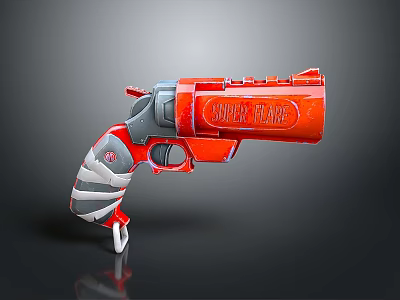 Red and Gray Cobra Flare Revolver Weapon With White and Red Striped Grip 3d model