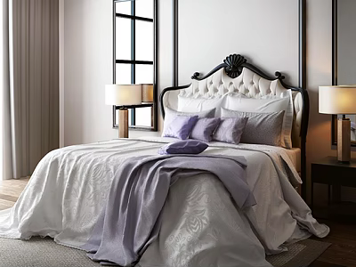 Background Double Bed with Ornate Headboard Purple Pillows White Bedding and Table Lamps by Window 3d model