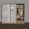 Wooden Wardrobe With Sliding Vertical Striped Doors Hanging Rod Storage Boxes And Drawers