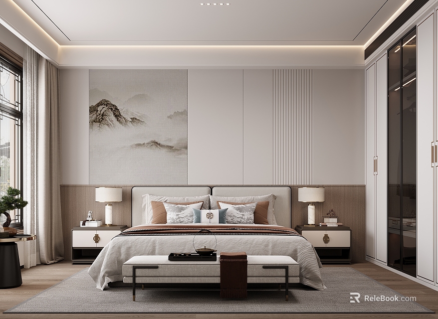 Elegant Modern Bedroom Interior Design With Mountain Painting And Bedside Tables 3d model 