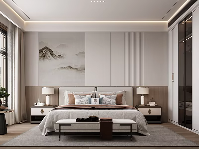 Elegant Modern Bedroom Interior Design With Mountain Painting And Bedside Tables 3d model
