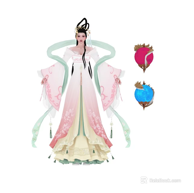 A Woman In Traditional Pink And White Dress With Long Sleeves And Decorative Balls 3d model 