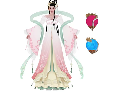 A Woman In Traditional Pink And White Dress With Long Sleeves And Decorative Balls 3d model