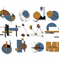 Contemporary Geometric Wall Decor With Blue Gold Beige Brown Metallic And Marble Shapes