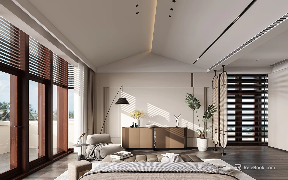Modern Bedroom Interior Design With Large Window Wooden Bed Frame Floor Lamp And Green Plants 3d model 