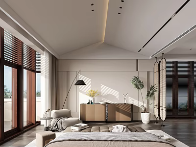Modern Bedroom Interior Design With Large Window Wooden Bed Frame Floor Lamp And Green Plants 3d model